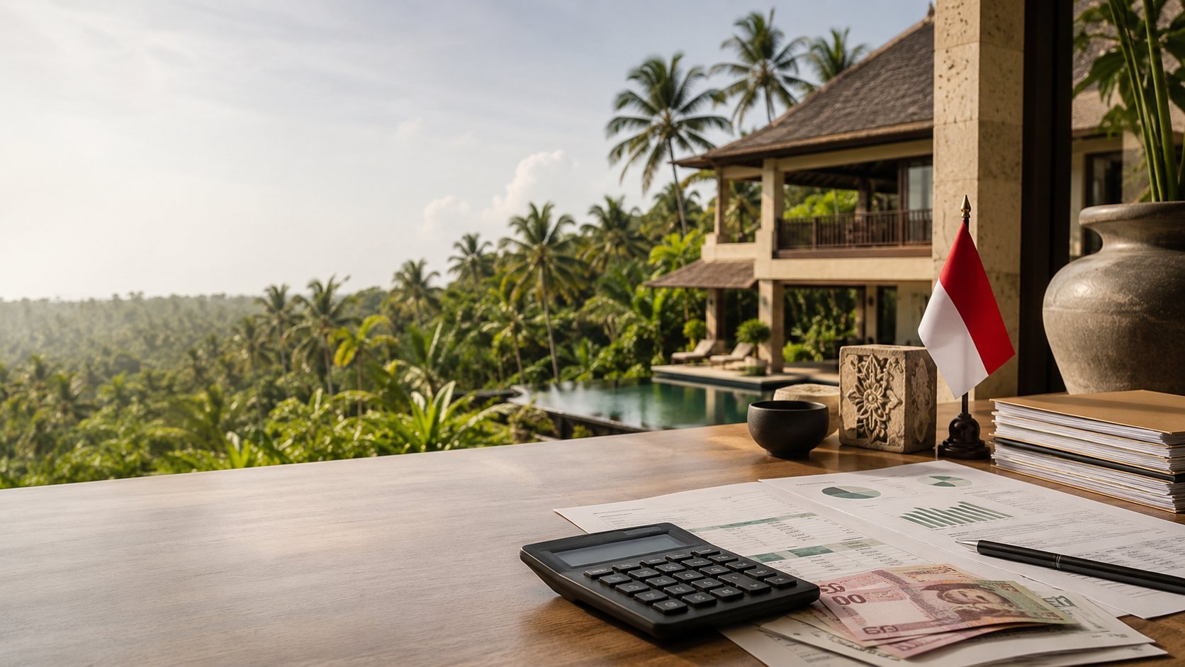 Fiscalidad de invertir en Indonesia: calculadora, documentos financieros y bandera indonesia frente a una villa de lujo