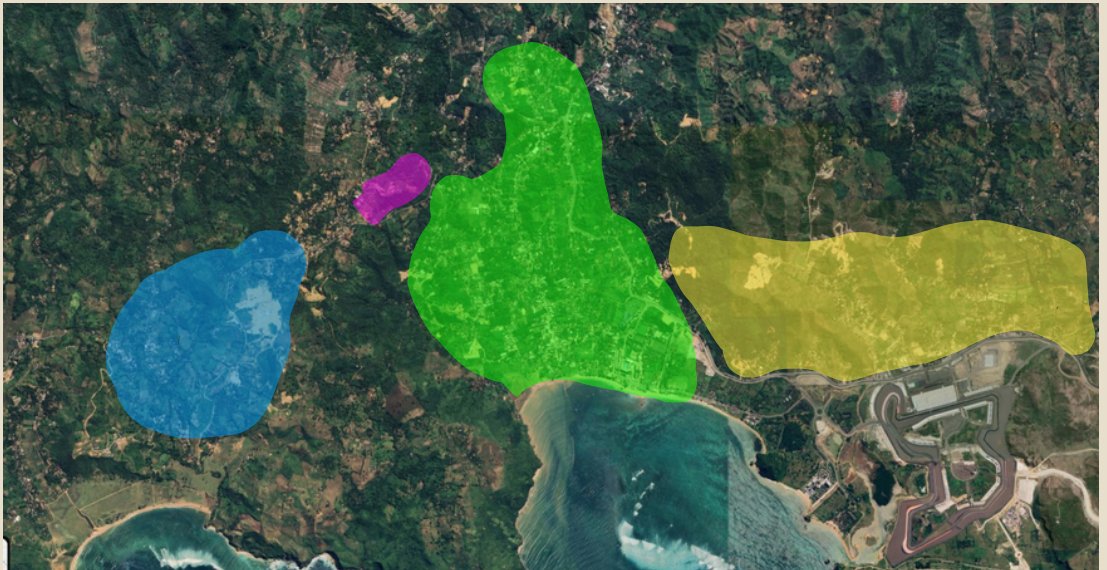 Mapa de las 4 zonas de inversión inmobiliaria en el sur de Lombok — Kuta Central, Circuito Mandalika, Kuta Hills y Prabu
