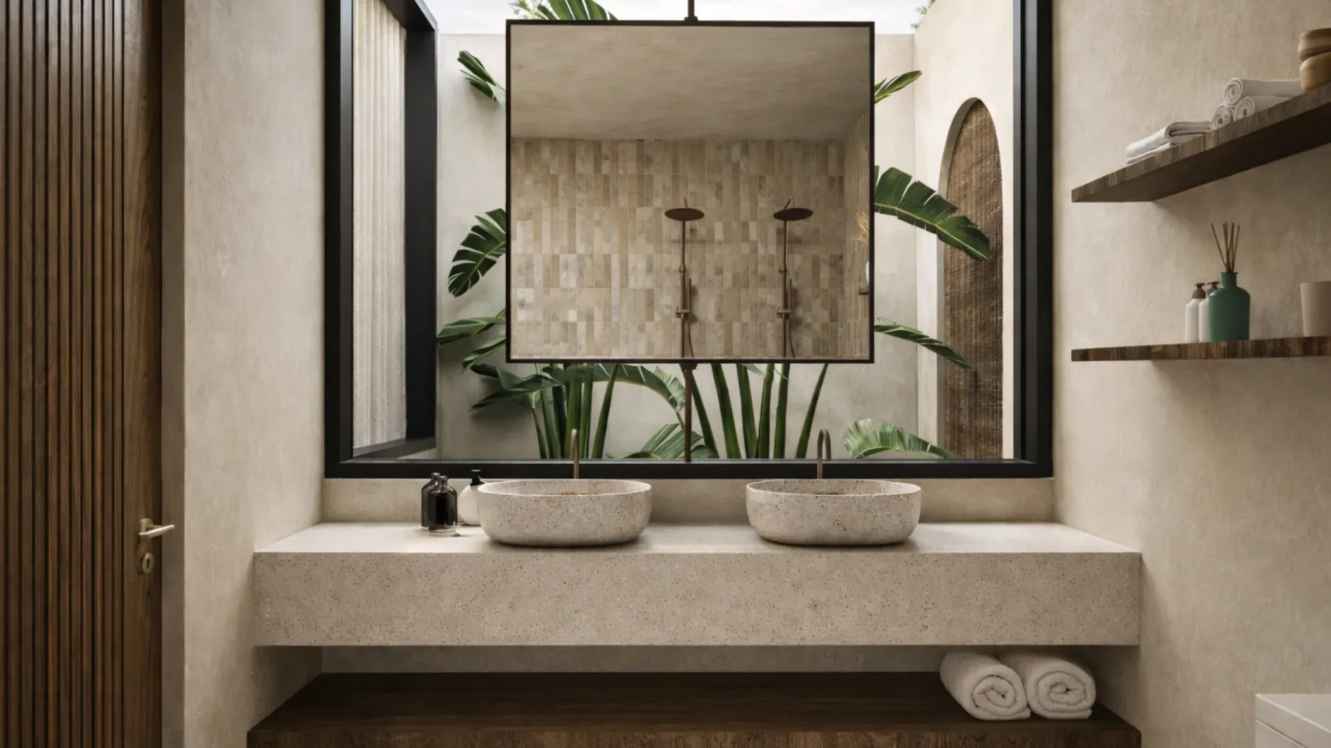 Baño premium con doble lavabo de piedra en Kavala Villa, Lombok
