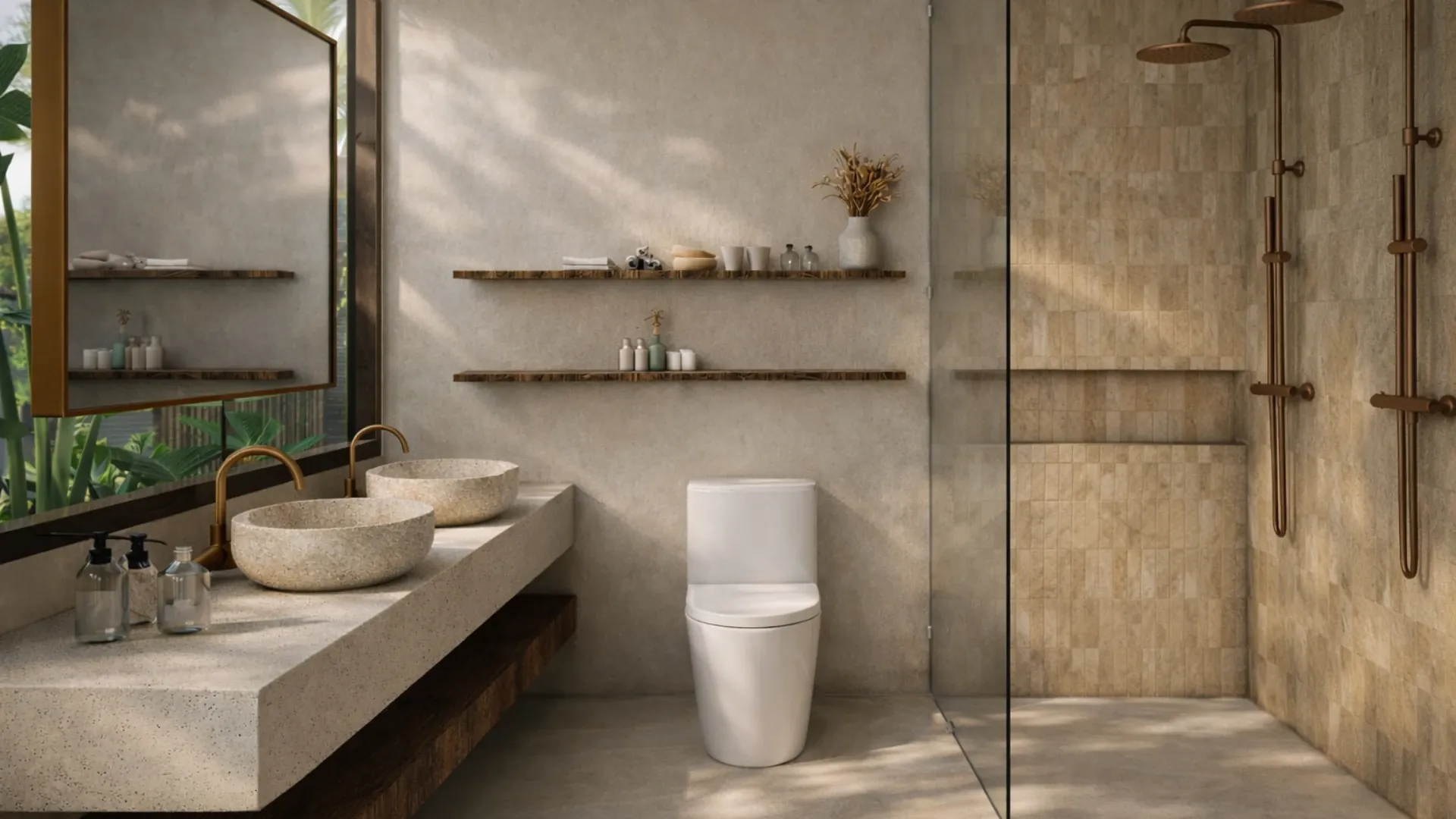 Baño con ducha doble y acabados en piedra en una villa de lujo en Kuta, Lombok