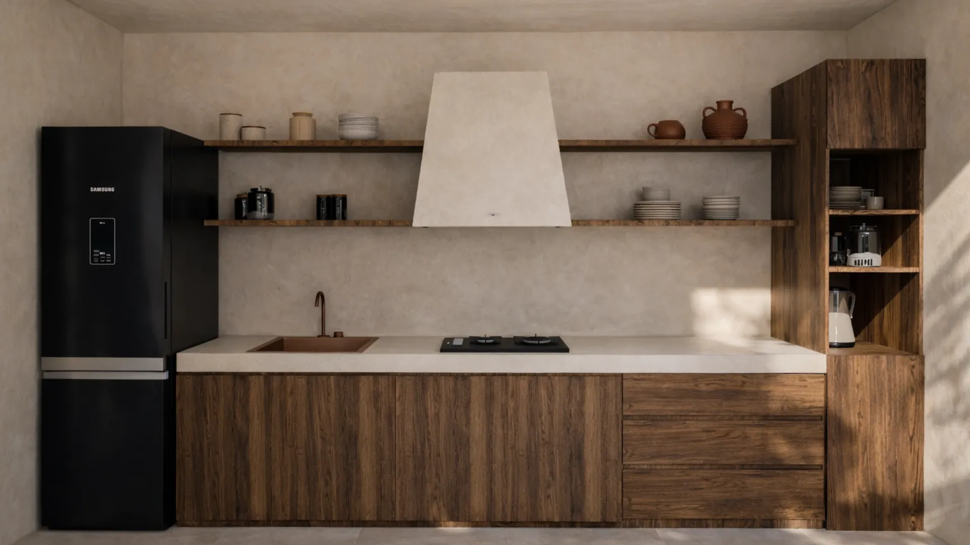 Cocina totalmente equipada en madera y piedra de Kavala Villa, Lombok