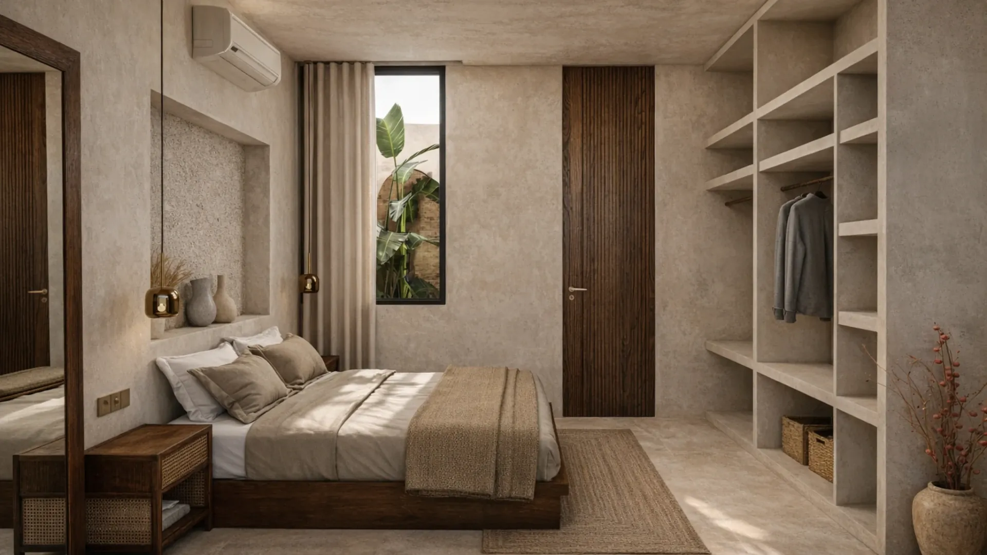 Dormitorio con vestidor abierto en una villa de inversión de BRIKK en Lombok
