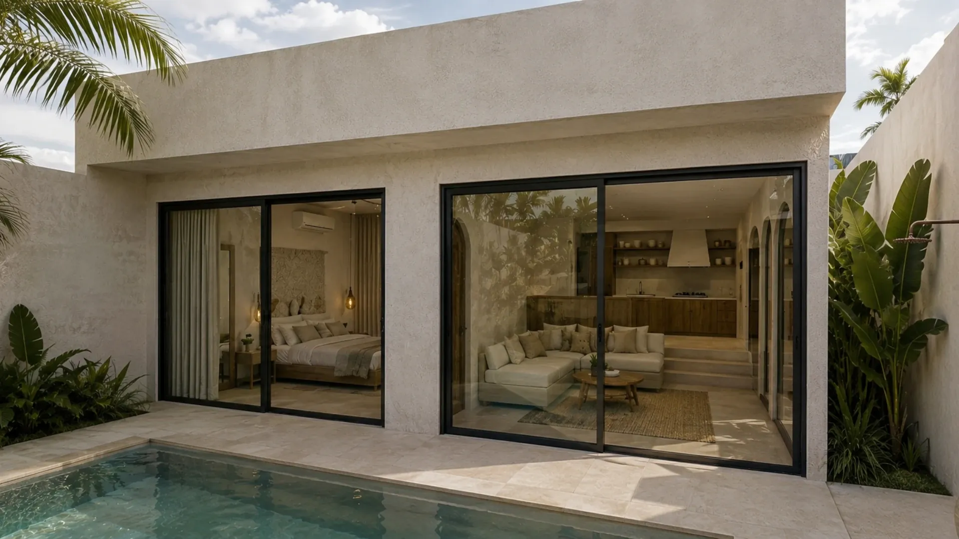 Fachada de Kavala Villa con piscina privada y grandes ventanales en Kuta, Lombok