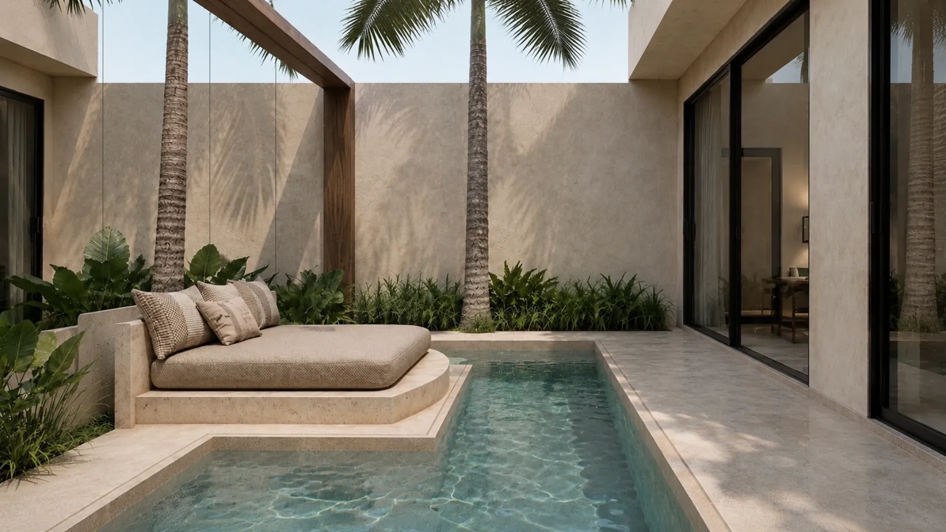 Patio con piscina y jardín tropical en Kavala Villas, Kuta Lombok