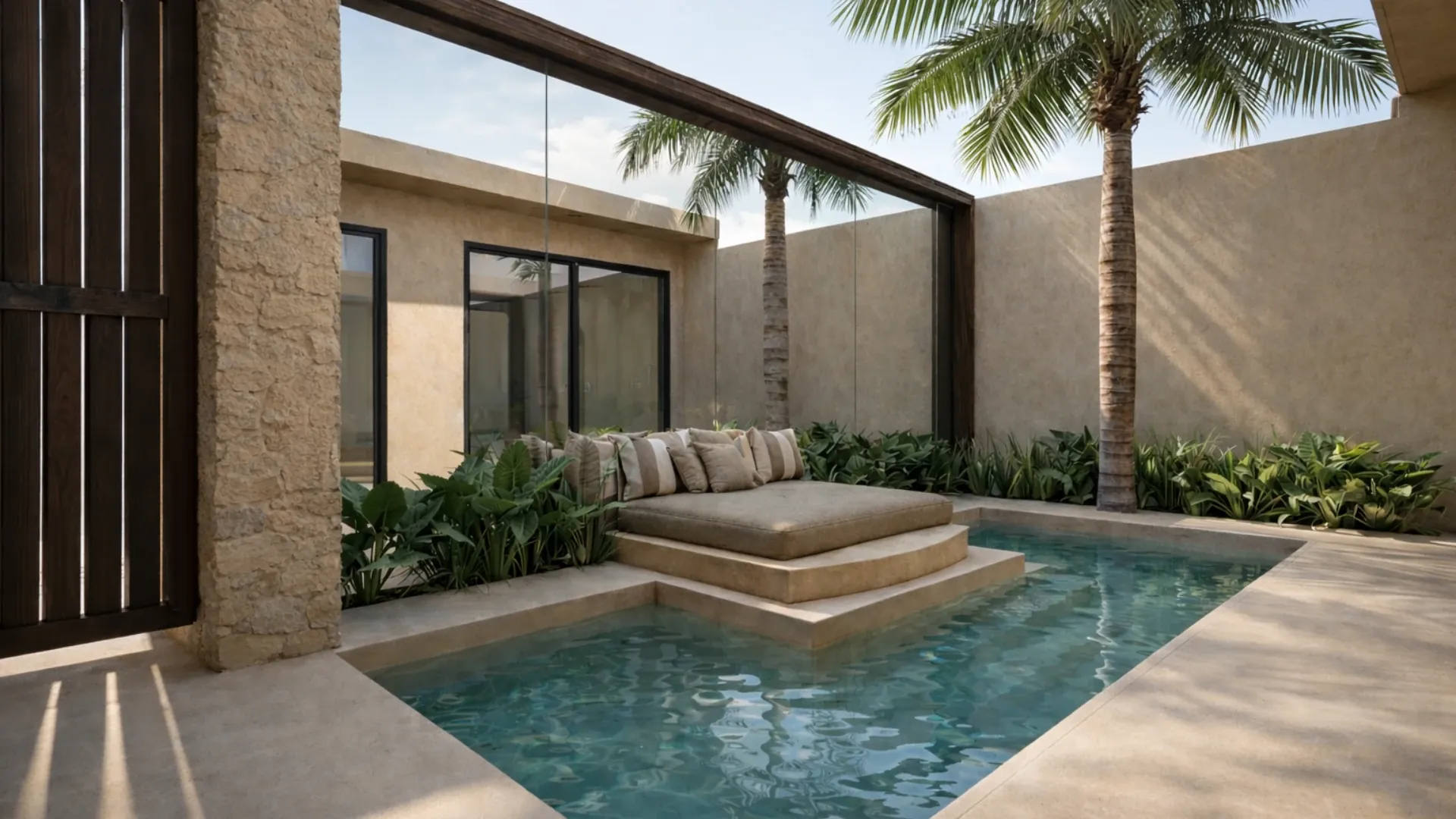Piscina privada con daybed y palmeras en una villa de lujo de BRIKK en Lombok
